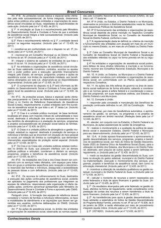 Brasil Concursos
         o
    Art. 6 -B. As proteções sociais básica e especial serão oferta-      das pelo Conselho Nacional de Assistência Social (CNAS), de que
das pela rede socioassistencial, de forma integrada, diretamente         trata o art. 17 desta lei.
pelos entes públicos e/ou pelas entidades e organizações de assis-            Art. 8º A União, os Estados, o Distrito Federal e os Municípios,
tência social vinculadas ao Suas, respeitadas as especificidades de      observados os princípios e diretrizes estabelecidos nesta lei, fixarão
cada ação. (Incluído pela Lei nº 12.435, de 2011)                        suas respectivas Políticas de Assistência Social.
    § 1o A vinculação ao Suas é o reconhecimento pelo Ministério              Art. 9º O funcionamento das entidades e organizações de assis-
do Desenvolvimento Social e Combate à Fome de que a entidade             tência social depende de prévia inscrição no respectivo Conselho
de assistência social integra a rede socioassistencial. (Incluído pela   Municipal de Assistência Social, ou no Conselho de Assistência
Lei nº 12.435, de 2011)                                                  Social do Distrito Federal, conforme o caso.
    § 2o Para o reconhecimento referido no § 1o, a entidade deverá            § 1º A regulamentação desta lei definirá os critérios de inscrição
cumprir os seguintes requisitos: (Incluído pela Lei nº 12.435, de        e funcionamento das entidades com atuação em mais de um muni-
2011)                                                                    cípio no mesmo Estado, ou em mais de um Estado ou Distrito Fede-
    I - constituir-se em conformidade com o disposto no art. 3o; (In-    ral.
cluído pela Lei nº 12.435, de 2011)                                           § 2º Cabe ao Conselho Municipal de Assistência Social e ao
    II - inscrever-se em Conselho Municipal ou do Distrito Federal,      Conselho de Assistência Social do Distrito Federal a fiscalização
na forma do art. 9o; (Incluído pela Lei nº 12.435, de 2011)              das entidades referidas no caput na forma prevista em lei ou regu-
    III - integrar o sistema de cadastro de entidades de que trata o     lamento.
inciso XI do art. 19. (Incluído pela Lei nº 12.435, de 2011)                  § 4º As entidades e organizações de assistência social podem,
    § 3o As entidades e organizações de assistência social vincula-      para defesa de seus direitos referentes à inscrição e ao funciona-
das ao Suas celebrarão convênios, contratos, acordos ou ajustes          mento, recorrer aos Conselhos Nacional, Estaduais, Municipais e do
com o poder público para a execução, garantido financiamento             Distrito Federal.
integral, pelo Estado, de serviços, programas, projetos e ações de            Art. 10. A União, os Estados, os Municípios e o Distrito Federal
assistência social, nos limites da capacidade instalada, aos benefi-     podem celebrar convênios com entidades e organizações de assis-
ciários abrangidos por esta Lei, observando-se as disponibilidades       tência social, em conformidade com os Planos aprovados pelos
orçamentárias. (Incluído pela Lei nº 12.435, de 2011)                    respectivos Conselhos.
    § 4o O cumprimento do disposto no § 3o será informado ao Mi-              Art. 11. As ações das três esferas de governo na área de assis-
nistério do Desenvolvimento Social e Combate à Fome pelo órgão           tência social realizam-se de forma articulada, cabendo a coordena-
gestor local da assistência social. (Incluído pela Lei nº 12.435, de     ção e as normas gerais à esfera federal e a coordenação e execu-
2011)                                                                    ção dos programas, em suas respectivas esferas, aos Estados, ao
    Art. 6o-C. As proteções sociais, básica e especial, serão oferta-    Distrito Federal e aos Municípios.
das precipuamente no Centro de Referência de Assistência Social               Art. 12. Compete à União:
(Cras) e no Centro de Referência Especializado de Assistência                 I - responder pela concessão e manutenção dos benefícios de
Social (Creas), respectivamente, e pelas entidades sem fins lucrati-     prestação continuada definidos no art. 203 da Constituição Fede-
vos de assistência social de que trata o art. 3o desta Lei. (Incluído    ral;
pela Lei nº 12.435, de 2011)                                                  II - cofinanciar, por meio de transferência automática, o aprimo-
    § 1o O Cras é a unidade pública municipal, de base territorial,      ramento da gestão, os serviços, os programas e os projetos de
localizada em áreas com maiores índices de vulnerabilidade e risco       assistência social em âmbito nacional; (Redação dada pela Lei nº
social, destinada à articulação dos serviços socioassistenciais no       12.435, de 2011)
seu território de abrangência e à prestação de serviços, programas            III - atender, em conjunto com os Estados, o Distrito Federal e os
e projetos socioassistenciais de proteção social básica às famílias.     Municípios, às ações assistenciais de caráter de emergência.
(Incluído pela Lei nº 12.435, de 2011)
                                                                              IV - realizar o monitoramento e a avaliação da política de assis-
    § 2o O Creas é a unidade pública de abrangência e gestão mu-         tência social e assessorar Estados, Distrito Federal e Municípios
nicipal, estadual ou regional, destinada à prestação de serviços a       para seu desenvolvimento. (Incluído pela Lei nº 12.435, de 2011)
indivíduos e famílias que se encontram em situação de risco pessoal
ou social, por violação de direitos ou contingência, que demandam             Art. 12-A. A União apoiará financeiramente o aprimoramento à
intervenções especializadas da proteção social especial. (Incluído       gestão descentralizada dos serviços, programas, projetos e benefí-
pela Lei nº 12.435, de 2011)                                             cios de assistência social, por meio do Índice de Gestão Descentra-
                                                                         lizada (IGD) do Sistema Único de Assistência Social (Suas), para a
    § 3o Os Cras e os Creas são unidades públicas estatais instituí-     utilização no âmbito dos Estados, dos Municípios e do Distrito Fede-
das no âmbito do Suas, que possuem interface com as demais               ral, destinado, sem prejuízo de outras ações a serem definidas em
políticas públicas e articulam, coordenam e ofertam os serviços,         regulamento, a: (Incluído pela Lei nº 12.435, de 2011)
programas, projetos e benefícios da assistência social. (Incluído
pela Lei nº 12.435, de 2011)                                                  I - medir os resultados da gestão descentralizada do Suas, com
                                                                         base na atuação do gestor estadual, municipal e do Distrito Federal
    Art. 6o-D. As instalações dos Cras e dos Creas devem ser com-        na implementação, execução e monitoramento dos serviços, pro-
patíveis com os serviços neles ofertados, com espaços para traba-        gramas, projetos e benefícios de assistência social, bem como na
lhos em grupo e ambientes específicos para recepção e atendimen-         articulação intersetorial; (Incluído pela Lei nº 12.435, de 2011)
to reservado das famílias e indivíduos, assegurada a acessibilidade
às pessoas idosas e com deficiência. (Incluído pela Lei nº 12.435,            II - incentivar a obtenção de resultados qualitativos na gestão es-
de 2011)                                                                 tadual, municipal e do Distrito Federal do Suas; e (Incluído pela Lei
                                                                         nº 12.435, de 2011)
    Art. 6o-E. Os recursos do cofinanciamento do Suas, destinados
à execução das ações continuadas de assistência social, poderão               III - calcular o montante de recursos a serem repassados aos
ser aplicados no pagamento dos profissionais que integrarem as           entes federados a título de apoio financeiro à gestão do Suas. (In-
equipes de referência, responsáveis pela organização e oferta da-        cluído pela Lei nº 12.435, de 2011)
quelas ações, conforme percentual apresentado pelo Ministério do              § 1o Os resultados alcançados pelo ente federado na gestão do
Desenvolvimento Social e Combate à Fome e aprovado pelo CNAS.            Suas, aferidos na forma de regulamento, serão considerados como
(Incluído pela Lei nº 12.435, de 2011)                                   prestação de contas dos recursos a serem transferidos a título de
    Parágrafo único. A formação das equipes de referência deverá         apoio financeiro. (Incluído pela Lei nº 12.435, de 2011)
considerar o número de famílias e indivíduos referenciados, os tipos          § 2o As transferências para apoio à gestão descentralizada do
e modalidades de atendimento e as aquisições que devem ser ga-           Suas adotarão a sistemática do Índice de Gestão Descentralizada
rantidas aos usuários, conforme deliberações do CNAS. (Incluído          do Programa Bolsa Família, previsto no art. 8o da Lei no 10.836, de 9
pela Lei nº 12.435, de 2011)                                             de janeiro de 2004, e serão efetivadas por meio de procedimento
    Art. 7º As ações de assistência social, no âmbito das entidades      integrado àquele índice. (Incluído pela Lei nº 12.435, de 2011)
e organizações de assistência social, observarão as normas expedi-            § 3o (VETADO). (Incluído pela Lei nº 12.435, de 2011)


Conhecimentos Gerais                                                     13
 