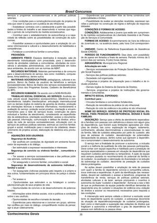 Brasil Concursos
serviços e programas socioassistenciais e de políticas públicas                  - Experiências que possibilitem lidar de forma construtiva com
setoriais;                                                                  potencialidades e limites;
     - Criar condições para a construção/reconstrução de projetos de             - Possibilidade de avaliar as atenções recebidas, expressar opi-
vida que visem à ruptura com a prática de ato infracional;                  niões e participar na construção de regras e definição de responsa-
     - Estabelecer contratos com o adolescente a partir das possibili-      bilidades.
dades e limites do trabalho a ser desenvolvido e normas que regu-                CONDIÇÕES E FORMAS DE ACESSO:
lem o período de cumprimento da medida socioeducativa;                           CONDIÇÕES: Adolescentes e jovens que estão em cumprimen-
     - Contribuir para o estabelecimento da autoconfiança e a capa-         to de medidas socioeducativas de Liberdade Assistida e de Presta-
cidade de reflexão sobre as possibilidades de construção de auto-           ção de Serviços à Comunidade.
nomias;                                                                          FORMAS DE ACESSO: Encaminhamento da Vara da Infância e
     - Possibilitar acessos e oportunidades para a ampliação do uni-        da Juventude ou, na ausência desta, pela Vara Civil corresponden-
verso informacional e cultural e o desenvolvimento de habilidades e         te.
competências;                                                                    UNIDADE: Centro de Referência Especializado de Assistência
     - Fortalecer a convivência familiar e comunitária.                     Social (CREAS).
     PROVISÕES:                                                                  PERÍODO DE FUNCIONAMENTO: Dias úteis, com possibilida-
     AMBIENTE FÍSICO: Espaços destinados à recepção, sala de                de de operar em feriados e finais de semana. Período mínimo de 5
atendimento individualizado com privacidade, para o desenvolvi-             (cinco) dias por semana, 8 (oito) horas diárias.
mento de atividades coletivas e comunitárias, atividades de convi-               ABRANGÊNCIA: Municipal e/ou Regional.
vência e atividades administrativas, com acessibilidade em todos                 Articulação em rede :
seus ambientes, de acordo com as normas da ABNT.                                 - Serviços socioassistenciais de Proteção Social Básica e Prote-
     RECURSOS MATERIAIS: Materiais permanentes e de consumo                 ção Social Especial;
para o desenvolvimento do serviço, tais como: mobiliário, computa-               - Serviços das políticas públicas setoriais;
dores, linha telefônica, dentre outros.
                                                                                 - Sociedade civil organizada;
     MATERIAIS SOCIOEDUCATIVOS: pedagógicos, culturais e es-
portivos. Banco de Dados de usuários de benefícios e serviços                    - Programas e projetos de preparação para o trabalho e de in-
socioassistenciais; Banco de Dados dos serviços socioassistenciais;         clusão produtiva;
Cadastro Único dos Programas Sociais; Cadastro de Beneficiários                  - Demais órgãos do Sistema de Garantia de Direitos;
do BPC.                                                                          - Serviços, programas e projetos de instituições não governa-
     RECURSOS HUMANOS: De acordo com a NOB-RH/SUAS.                         mentais e comunitárias.
     TRABALHO SOCIAL ESSENCIAL AO SERVIÇO: Acolhida; es-                         IMPACTO SOCIAL ESPERADO:
cuta; estudo social; diagnóstico socioeconômico; referência e con-               Contribuir para :
trarreferência; trabalho interdisciplinar; articulação interinstitucional        - Vínculos familiares e comunitários fortalecidos;
com os demais órgãos do sistema de garantia de direitos; produção
                                                                                 - Redução da reincidência da prática do ato infracional;
de orientações técnicas e materiais informativos; monitoramento e
avaliação do serviço; proteção social proativa; orientação e encami-             - Redução do ciclo da violência e da prática do ato infracional.
nhamentos para a rede de serviços locais; construção de plano                    NOME DO SERVIÇO: SERVIÇO DE PROTEÇÃO SOCIAL ES-
individual e familiar de atendimento, considerando as especificida-         PECIAL PARA PESSOAS COM DEFICIÊNCIA, IDOSAS E SUAS
des da adolescência; orientação sociofamiliar; acesso a documenta-          FAMÍLIAS.
ção pessoal; informação, comunicação e defesa de direitos; articu-               DESCRIÇÃO: Serviço para a oferta de atendimento especializa-
lação da rede de serviços socioassistenciais; articulação com os            do a famílias com pessoas com deficiência e idosos com algum grau
serviços de políticas públicas setoriais; estímulo ao convívio familiar,    de dependência, que tiveram suas limitações agravadas por viola-
grupal e social; mobilização para o exercício da cidadania; desen-          ções de direitos, tais como: exploração da imagem, isolamento,
volvimento de projetos sociais; elaboração de relatórios e/ou prontu-       confinamento, atitudes discriminatórias e preconceituosas no seio
ários.                                                                      da família, falta de cuidados adequados por parte do cuidador, alto
     AQUISIÇÕES DOS USUÁRIOS:                                               grau de estresse do cuidador, desvalorização da potencialida-
     Segurança de Acolhida :                                                de/capacidade da pessoa, dentre outras que agravam a dependên-
                                                                            cia e comprometem o desenvolvimento da autonomia.
     - Ser acolhido em condições de dignidade em ambiente favore-
cedor da expressão e do diálogo;                                                 O serviço tem a finalidade de promover a autonomia, a inclusão
                                                                            social e a melhoria da qualidade de vida das pessoas participantes.
     - Ser estimulado a expressar necessidades e interesses.                Deve contar com equipe específica e habilitada para a prestação de
     Segurança de convívio ou vivência familiar , comunitária e             serviços especializados a pessoas em situação de dependência que
social :                                                                    requeiram cuidados permanentes ou temporários. A ação da equipe
     - Ter acesso a serviços socioassistenciais e das políticas públi-      será sempre pautada no reconhecimento do potencial da família e
cas setoriais, conforme necessidades;                                       do cuidador, na aceitação e valorização da diversidade e na redução
     - Ter assegurado o convívio familiar, comunitário e social.            da sobrecarga do cuidador, decorrente da prestação de cuidados
     Segurança de desenvolvimento de autonomia individual ,                 diários prolongados.
familiar e social :                                                              As ações devem possibilitar a ampliação da rede de pessoas
     - Ter assegurado vivências pautadas pelo respeito a si próprio e       com quem a família do dependente convive e compartilha cultura,
aos outros, fundamentadas em princípios éticos de justiça e cidada-         troca vivências e experiências. A partir da identificação das necessi-
nia.                                                                        dades, deverá ser viabilizado o acesso a benefícios, programas de
                                                                            transferência de renda, serviços de políticas públicas setoriais,
     - Ter acesso a:                                                        atividades culturais e de lazer, sempre priorizando o incentivo à
     - Oportunidades que estimulem e ou fortaleçam a constru-               autonomia da dupla “cuidador e dependente”. Soma-se a isso o fato
ção/reconstrução de seus projetos de vida;                                  de que os profissionais da equipe poderão identificar demandas do
     - Oportunidades de convívio e de desenvolvimento de potencia-          dependente e/ou do cuidador e situações de violência e/ou violação
lidades;                                                                    de direitos e acionar os mecanismos necessários para resposta a
     - Informações sobre direitos sociais, civis e políticos e condições    tais condições.
sobre o seu usufruto;                                                            A intervenção será sempre voltada a diminuir a exclusão social
     - Oportunidades de escolha e tomada de decisão;                        tanto do dependente quanto do cuidador, a sobrecarga decorrente
     - Experiências para relacionar-se e conviver em grupo, adminis-        da situação de dependência/prestação de cuidados prolongados,
trar conflitos por meio do diálogo, compartilhando modos de pensar,         bem como a interrupção e superação das violações de direitos que
agir e atuar coletivamente;                                                 fragilizam a autonomia e intensificam o grau de dependência da
                                                                            pessoa com deficiência ou pessoa idosa.

Conhecimentos Gerais                                                        35
 