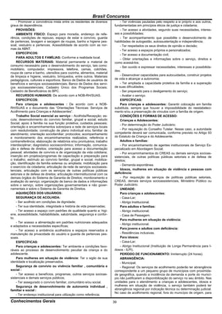 Brasil Concursos
    - Promover a convivência mista entre os residentes de diversos             - Ter vivências pautadas pelo respeito a si próprio e aos outros,
graus de dependência.                                                      fundamentadas em princípios éticos de justiça e cidadania;
    PROVISÕES:                                                                 - Ter acesso a atividades, segundo suas necessidades, interes-
    AMBIENTE FÍSICO: Espaço para moradia, endereço de refe-                ses e possibilidades;
rência, condições de repouso, espaço de estar e convívio, guarda               - Ter acompanhamento que possibilite o desenvolvimento de
de pertences, lavagem e secagem de roupas, banho e higiene pes-            habilidades de autogestão, autossustentação e independência;
soal, vestuário e pertences. Acessibilidade de acordo com as nor-              - Ter respeitados os seus direitos de opinião e decisão;
mas da ABNT.                                                                   - Ter acesso a espaços próprios e personalizados;
    ESPECÍFICOS:                                                               - Ter acesso a documentação civil;
    PARA ADULTOS E FAMÍLIAS: Conforme a realidade local.                       - Obter orientações e informações sobre o serviço, direitos e
    RECURSOS MATERIAIS: Material permanente e material de                  como acessá-los;
consumo necessário para o desenvolvimento do serviço, tais como:               - Ser ouvido e expressar necessidades, interesses e possibilida-
mobiliário, computador, impressora, telefone, camas, colchões,             des;
roupa de cama e banho, utensílios para cozinha, alimentos, material
de limpeza e higiene, vestuário, brinquedos, entre outros. Materiais           - Desenvolver capacidades para autocuidados, construir projetos
pedagógicos, culturais e esportivos. Banco de Dados de usuários de         de vida e alcançar a autonomia;
benefícios e serviços socioassistenciais; Banco de Dados dos servi-            - Ter ampliada a capacidade protetiva da família e a superação
ços socioassistenciais; Cadastro Único dos Programas Sociais;              de suas dificuldades;
Cadastro de Beneficiários do BPC.                                              - Ser preparado para o desligamento do serviço;
    RECURSOS HUMANOS: De acordo com a NOB-RH/SUAS.                             - Avaliar o serviço.
    ESPECÍFICOS:                                                               ESPECÍFICAS:
    Para crianças e adolescentes : De acordo com a NOB-                        Para crianças e adolescentes: Garantir colocação em família
RH/SUAS e o documento das “Orientações Técnicas: Serviços de               substituta, sempre que houver a impossibilidade do reestabeleci-
Acolhimento para Crianças e Adolescentes”.                                 mento e/ou a preservação de vínculos com a família de origem.
    Trabalho Social esencial ao serviço : Acolhida/Recepção; es-               CONDIÇÕES E FORMAS DE ACESSO:
cuta; desenvolvimento do convívio familiar, grupal e social; estudo            Crianças e Adolescentes:
Social; apoio à família na sua função protetiva; cuidados pessoais;            - Por determinação do Poder Judiciário;
orientação e encaminhamentos sobre/para a rede de serviços locais
com resolutividade; construção de plano individual e/ou familiar de            - Por requisição do Conselho Tutelar. Nesse caso, a autoridade
atendimento; orientação sociofamiliar; protocolos; acompanhamento          competente deverá ser comunicada, conforme previsto no Artigo 93
e monitoramento dos encaminhamentos realizados; referência e               do Estatuto da Criança e do Adolescente.
contrarreferência; elaboração de relatórios e/ou prontuários; trabalho         Adultos e famílias:
interdisciplinar; diagnóstico socioeconômico; Informação, comunica-            - Por encaminhamento de agentes institucionais de Serviço Es-
ção e defesa de direitos; orientação para acesso a documentação            pecializado em Abordagem Social;
pessoal; atividades de convívio e de organização da vida cotidiana;            - Por encaminhamentos do CREAS ou demais serviços socioas-
inserção em projetos/programas de capacitação e preparação para            sistenciais, de outras políticas públicas setoriais e de defesa de
o trabalho; estímulo ao convívio familiar, grupal e social; mobiliza-      direitos;
ção, identificação da família extensa ou ampliada; mobilização para
                                                                               - Demanda espontânea.
o exercício da cidadania; articulação da rede de serviços socioassis-
tenciais; articulação com os serviços de outras políticas públicas             Idosos, mulheres em situação de violência e pessoas com
setoriais e de defesa de direitos; articulação interinstitucional com os   deficiência:
demais órgãos do Sistema de Garantia de Direitos; monitoramento e              - Por requisição de serviços de políticas públicas setoriais,
avaliação do serviço; organização de banco de dados e informações          CREAS, demais serviços socioassistenciais, Ministério Público ou
sobre o serviço, sobre organizações governamentais e não gover-            Poder Judiciário.
namentais e sobre o Sistema de Garantia de Direitos.                           UNIDADE:
    AQUISIÇÕES DOS USUÁRIOS:                                                   Para crianças e adolescentes:
    SEGURANÇA DE ACOLHIDA:                                                     - Casa-Lar;
    - Ser acolhido em condições de dignidade;                                  - Abrigo Institucional.
    - Ter sua identidade, integridade e história de vida preservadas;          Para adultos e famílias:
    - Ter acesso a espaço com padrões de qualidade quanto a: higi-             - Abrigo institucional;
ene, acessibilidade, habitabilidade, salubridade, segurança e confor-          - Casa de Passagem.
to;
                                                                               Para mulheres em situação de violência:
    - Ter acesso a alimentação em padrões nutricionais adequados
                                                                               - Abrigo institucional.
e adaptados a necessidades específicas;
                                                                               Para jovens e adultos com deficiência:
    - Ter acesso a ambiência acolhedora e espaços reservados a
manutenção da privacidade do usuário e guarda de pertences pes-                - Residências inclusivas.
soais.                                                                         Para idosos:
    ESPECÍFICAS:                                                               - Casa-Lar;
    Para crianças e adolescentes: Ter ambiente e condições favo-               - Abrigo Institucional (Instituição de Longa Permanência para I-
ráveis ao processo de desenvolvimento peculiar da criança e do             dosos - ILPI).
adolescente.                                                                   PERÍODO DE FUNCIONAMENTO: Ininterrupto (24 horas).
    Para mulheres em situação de violência: Ter o sigilo de sua                ABRANGÊNCIA:
identidade e localização preservados.                                          - Municipal;
    Segurança de convívio ou vivência familiar , comunitária e                 - Regional: Os serviços de acolhimento poderão ter abrangência
social :                                                                   correspondente a um pequeno grupo de municípios com proximida-
    - Ter acesso a benefícios, programas, outros serviços socioas-         de geográfica, quando a incidência da demanda e porte do municí-
sistenciais e demais serviços públicos;                                    pio não justificarem a disponibilização do serviço no seu âmbito. Nas
    - Ter assegurado o convívio familiar, comunitário e/ou social.         unidades para o atendimento a crianças e adolescentes, idosos e
    Segurança de desenvolvimento de autonomia individual ,                 mulheres em situação de violência, o serviço também poderá ter
familiar e social :                                                        abrangência regional por indicação técnica ou determinação judicial.
                                                                           No caso de acolhimento regional, fora do município de origem, para
    - Ter endereço institucional para utilização como referência;

Conhecimentos Gerais                                                       39
 