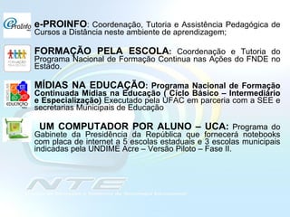 e-PROINFO : Coordenação, Tutoria e Assistência Pedagógica de Cursos a Distância neste ambiente de aprendizagem; FORMAÇÃO PELA ESCOLA :  Coordenação e Tutoria do Programa Nacional de Formação Continua nas Ações do FNDE no Estado. MÍDIAS NA EDUCAÇÃO : Programa Nacional de Formação Continuada Mídias na Educação ( Ciclo Básico – Intermediário e Especialização)  Executado   pela UFAC em parceria com a SEE e secretarias Municipais de Educação   UM COMPUTADOR POR ALUNO – UCA:   Programa do Gabinete da Presidência da República que fornecerá notebooks com placa de internet a 5 escolas estaduais e 3 escolas municipais indicadas pela UNDIME Acre – Versão Piloto – Fase II.  
