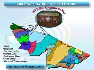 Feijó Tarauacá Cruzeiro do Sul Mâncio Lima Rodrigues Alves Porto Walter Marechal Thaumaturgo. ABRANGÊNCIA  DOS  NTEs NO ESTADO http://ntes-czs.blogspot.com/ 