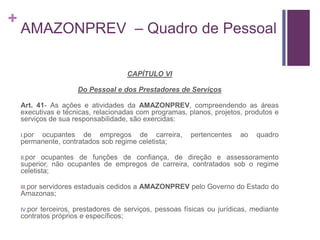 +
AMAZONPREV – Quadro de Pessoal
CAPÍTULO VI
Do Pessoal e dos Prestadores de Serviços
Art. 41- As ações e atividades da AMAZONPREV, compreendendo as áreas
executivas e técnicas, relacionadas com programas, planos, projetos, produtos e
serviços de sua responsabilidade, são exercidas:
I.por ocupantes de empregos de carreira, pertencentes ao quadro
permanente, contratados sob regime celetista;
II.por ocupantes de funções de confiança, de direção e assessoramento
superior, não ocupantes de empregos de carreira, contratados sob o regime
celetista;
III.por servidores estaduais cedidos a AMAZONPREV pelo Governo do Estado do
Amazonas;
IV.por terceiros, prestadores de serviços, pessoas físicas ou jurídicas, mediante
contratos próprios e específicos;
 