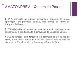 +
AMAZONPREV – Quadro de Pessoal
§ 1º A admissão ao quadro permanente depende de prévia
aprovação, em processo seletivo, nos termos do Plano de
Cargos e Salários.
§ 2ºA admissão em cargo de assessoramento superior e de
confiança está condicionada à aprovação do Conselho Diretor.
§ 3ºA celebração, com terceiros, de contratos de prestação de
serviços de obras, compras e outros dar-se-á nos termos do
disposto no Regulamento de Compras e Contratações.
 