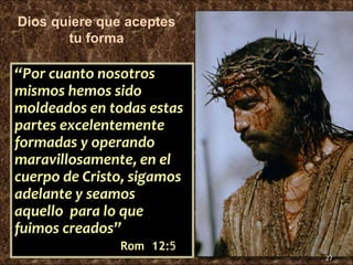 27
“Por cuanto nosotros
mismos hemos sido
moldeados en todas estas
partes excelentemente
formadas y operando
maravillosamente, en el
cuerpo de Cristo, sigamos
adelante y seamos
aquello para lo que
fuimos creados”
Rom 12:5
Dios quiere que aceptes
tu forma
 