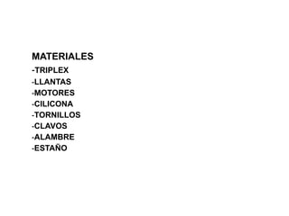 MATERIALES
-TRIPLEX
-LLANTAS
-MOTORES
-CILICONA
-TORNILLOS
-CLAVOS
-ALAMBRE
-ESTAÑO
 