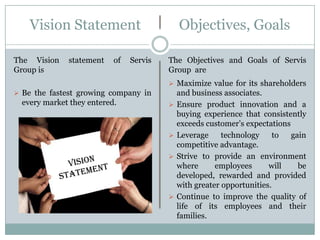 Vision Statement
The Vision statement of Servis
Group is
 Be the fastest growing company in
every market they entered.
Objectives, Goals
The Objectives and Goals of Servis
Group are
 Maximize value for its shareholders
and business associates.
 Ensure product innovation and a
buying experience that consistently
exceeds customer’s expectations
 Leverage technology to gain
competitive advantage.
 Strive to provide an environment
where employees will be
developed, rewarded and provided
with greater opportunities.
 Continue to improve the quality of
life of its employees and their
families.
 