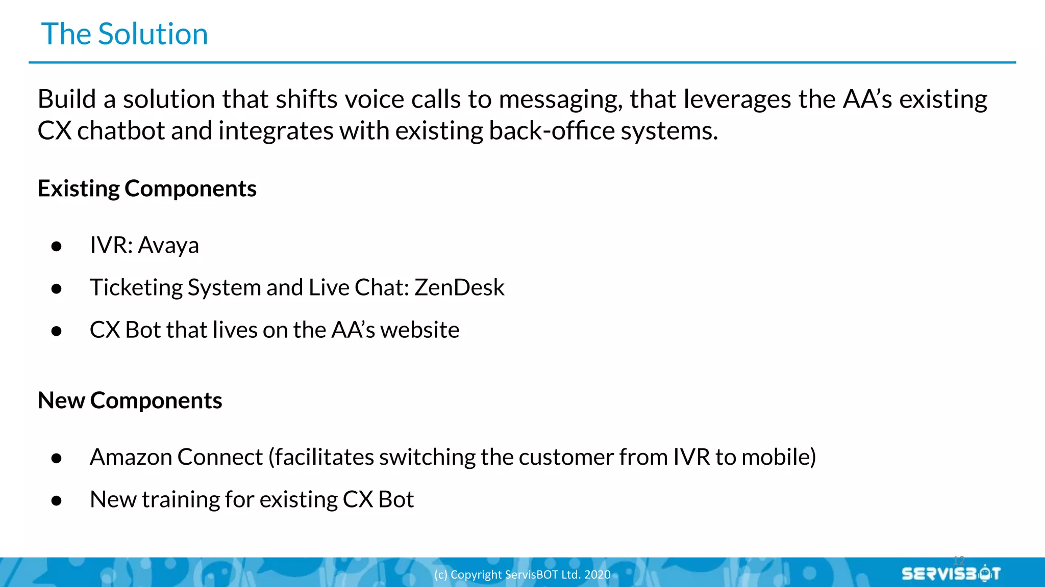 The Solution
Build a solution that shifts voice calls to messaging, that leverages the AA’s existing
CX chatbot and integrates with existing back-ofﬁce systems.
Existing Components
● IVR: Avaya
● Ticketing System and Live Chat: ZenDesk
● CX Bot that lives on the AA’s website
New Components
● Amazon Connect (facilitates switching the customer from IVR to mobile)
● New training for existing CX Bot
 