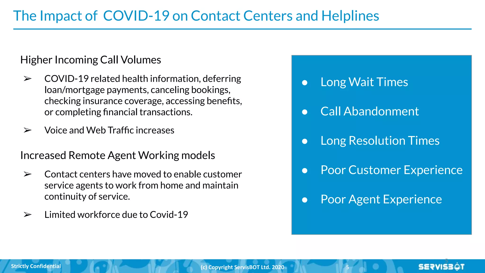 The Impact of COVID-19 on Contact Centers and Helplines
Higher Incoming Call Volumes
➢ COVID-19 related health information, deferring
loan/mortgage payments, canceling bookings,
checking insurance coverage, accessing beneﬁts,
or completing ﬁnancial transactions.
➢ Voice and Web Trafﬁc increases
Increased Remote Agent Working models
➢ Contact centers have moved to enable customer
service agents to work from home and maintain
continuity of service.
➢ Limited workforce due to Covid-19
● Long Wait Times
● Call Abandonment
● Long Resolution Times
● Poor Customer Experience
● Poor Agent Experience
 