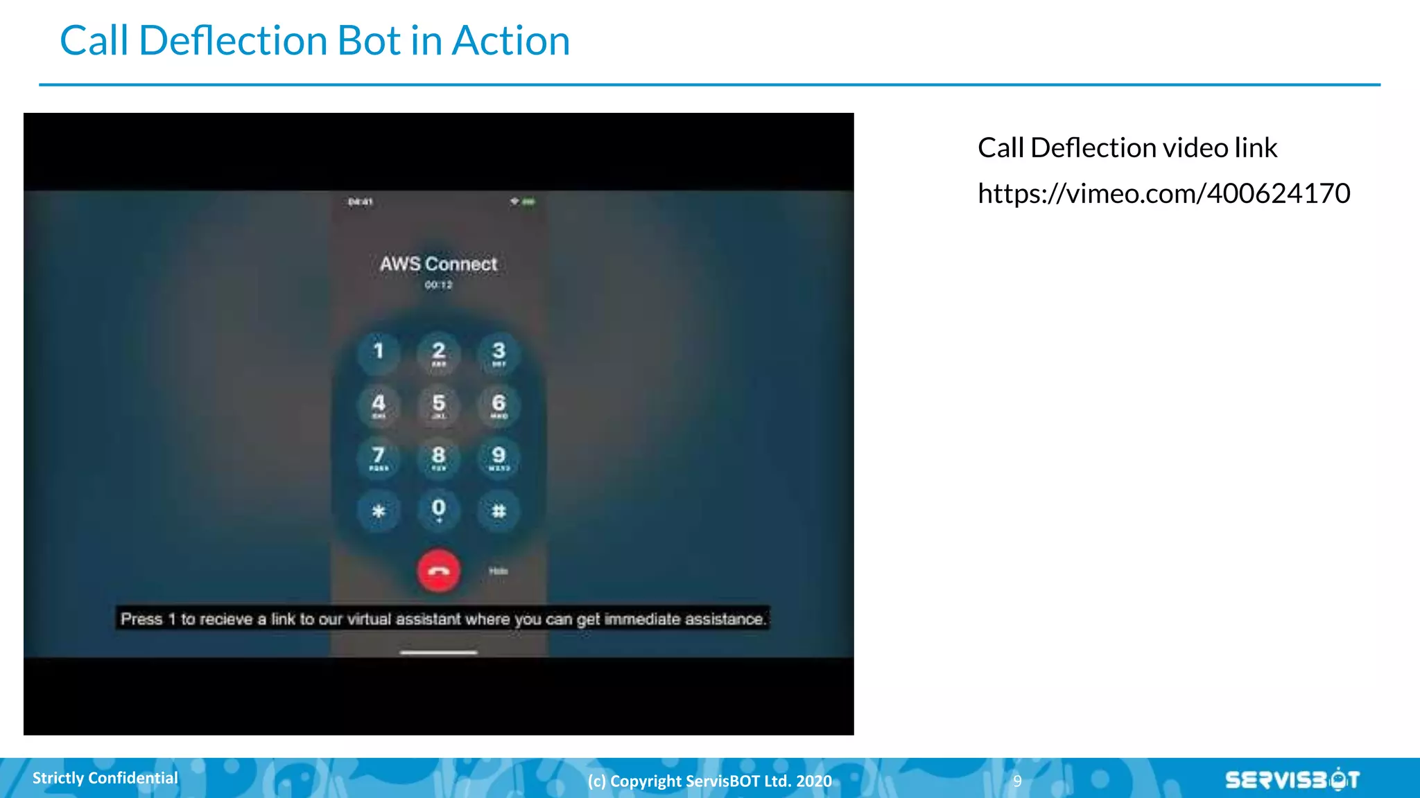 Call Deﬂection Bot in Action
Call Deﬂection video link
https://vimeo.com/400624170
 