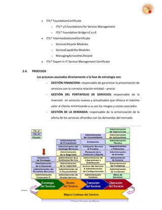     ITIL® FoundationCertificate
                            o    ITIL® v3 Foundations for Service Management
                            o    ITIL® Foundation Bridge v2 a v3
                      ITIL® IntermediateLevelCertificate
                            o    ServiceLifecycle Modules
                            o    ServiceCapability Modules
                            o    ManagingAcrosstheLifecycle
                      ITIL® Expert in IT Service Management Certificate


2.4.    PROCESOS
             Los procesos asociados directamente a la fase de estrategia son:
                       -    GESTIÓN FINANCIERA: responsable de garantizar la presentación de
                            servicios con la correcta relación entidad – precio
                       -    GESTIÓN DEL PORTAFOLIO DE SERVICIOS: responsable de la
                            inversión en servicios nuevos y actualizados que ofrezca el máximo
                            valor al cliente minimizando a su vez los riesgos y costes asociados
                       -    GESTIÓN DE LA DEMANDA: responsable de la armonización de la
                            oferta de los servicios ofrecidos con las demandas del mercado




       15   Área de Service Desk FIA-DATA
 