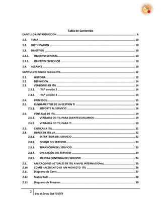 Tabla de Contenido
CAPITULO I: INTRODUCCION ..................................................................................................... 6
1.1.      TEMA .......................................................................................................................... 10
1.2.      JUSTIFICACION ............................................................................................................ 10
1.3.      OBJETIVOS .................................................................................................................. 10
1.3.1.       OBJETIVO GENERAL.................................................................................................. 10
1.3.2.       OBJETIVO ESPECIFICO .............................................................................................. 10
1.4.      ALCANCE ..................................................................................................................... 10
CAPITULO II: Marco Teórico-ITIL .............................................................................................. 12
2.1.        HISTORIA ................................................................................................................. 12
2.2.        DEFINICION.............................................................................................................. 14
2.3.        VERSIONES DE ITIL ................................................................................................... 14
       2.3.1.   ITIL® versión 2 .................................................................................................. 14
       2.3.2.       ITIL® versión 3 .................................................................................................. 14
2.4.        PROCESOS ............................................................................................................... 15
2.5.        FUNDAMENTOS DE LA GESTION TI ........................................................................... 16
       2.5.1.  SOPORTE AL SERVICIO ...................................................................................... 16
2.6.        VENTAJAS DE ITIL ..................................................................................................... 19
       2.6.1.   VENTAJAS DE ITIL PARA CLIENTES/USUARIOS: ................................................... 19
       2.6.2.       VENTAJAS DE ITIL PARA IT:................................................................................ 19
2.7.        CRITICAS A ITIL......................................................................................................... 21
2.8.        LIBROS DE ITIL v3 ..................................................................................................... 22
       2.8.1.    ESTRATEGIA DEL SERVICIO ................................................................................ 22
       2.8.2.       DISEÑO DEL SERVICIO ....................................................................................... 23
       2.8.3.       TRANSICIÓN DEL SERVICIO ................................................................................ 23
       2.8.4.       OPERACIÓN DEL SERVICIO ................................................................................ 24
       2.8.5.       MEJORA CONTINUA DEL SERVICIO .................................................................... 24
2.9.         APLICACIONES ACTUALES DE ITIL A NIVEL INTERNACIONAL ....................................... 25
2.10.        COMO HACER EXITOSO UN PROYECTO ITIL ............................................................. 26
2.11.        Diagrama de Gantt ................................................................................................... 27
2.12.        Matriz RACI ............................................................................................................. 28
2.13.        Diagrama de Procesos .............................................................................................. 30


         2    Área de Service Desk FIA-DATA
 