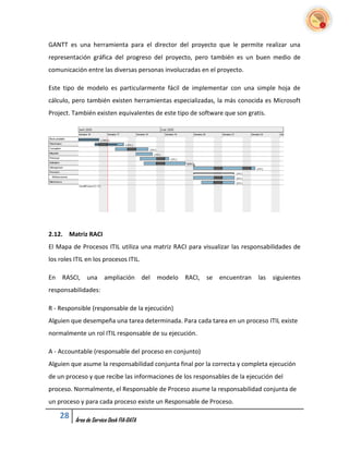 GANTT es una herramienta para el director del proyecto que le permite realizar una
representación gráfica del progreso del proyecto, pero también es un buen medio de
comunicación entre las diversas personas involucradas en el proyecto.

Este tipo de modelo es particularmente fácil de implementar con una simple hoja de
cálculo, pero también existen herramientas especializadas, la más conocida es Microsoft
Project. También existen equivalentes de este tipo de software que son gratis.




2.12. Matriz RACI
El Mapa de Procesos ITIL utiliza una matriz RACI para visualizar las responsabilidades de
los roles ITIL en los procesos ITIL.

En RASCI, una ampliación del modelo RACI, se encuentran las siguientes
responsabilidades:

R - Responsible (responsable de la ejecución)
Alguien que desempeña una tarea determinada. Para cada tarea en un proceso ITIL existe
normalmente un rol ITIL responsable de su ejecución.

A - Accountable (responsable del proceso en conjunto)
Alguien que asume la responsabilidad conjunta final por la correcta y completa ejecución
de un proceso y que recibe las informaciones de los responsables de la ejecución del
proceso. Normalmente, el Responsable de Proceso asume la responsabilidad conjunta de
un proceso y para cada proceso existe un Responsable de Proceso.

    28    Área de Service Desk FIA-DATA
 