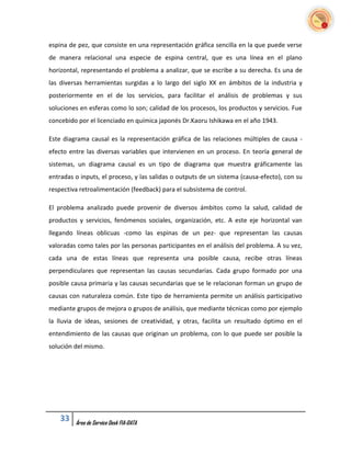 espina de pez, que consiste en una representación gráfica sencilla en la que puede verse
de manera relacional una especie de espina central, que es una línea en el plano
horizontal, representando el problema a analizar, que se escribe a su derecha. Es una de
las diversas herramientas surgidas a lo largo del siglo XX en ámbitos de la industria y
posteriormente en el de los servicios, para facilitar el análisis de problemas y sus
soluciones en esferas como lo son; calidad de los procesos, los productos y servicios. Fue
concebido por el licenciado en química japonés Dr.Kaoru Ishikawa en el año 1943.

Este diagrama causal es la representación gráfica de las relaciones múltiples de causa -
efecto entre las diversas variables que intervienen en un proceso. En teoría general de
sistemas, un diagrama causal es un tipo de diagrama que muestra gráficamente las
entradas o inputs, el proceso, y las salidas o outputs de un sistema (causa-efecto), con su
respectiva retroalimentación (feedback) para el subsistema de control.

El problema analizado puede provenir de diversos ámbitos como la salud, calidad de
productos y servicios, fenómenos sociales, organización, etc. A este eje horizontal van
llegando líneas oblicuas -como las espinas de un pez- que representan las causas
valoradas como tales por las personas participantes en el análisis del problema. A su vez,
cada una de estas líneas que representa una posible causa, recibe otras líneas
perpendiculares que representan las causas secundarias. Cada grupo formado por una
posible causa primaria y las causas secundarias que se le relacionan forman un grupo de
causas con naturaleza común. Este tipo de herramienta permite un análisis participativo
mediante grupos de mejora o grupos de análisis, que mediante técnicas como por ejemplo
la lluvia de ideas, sesiones de creatividad, y otras, facilita un resultado óptimo en el
entendimiento de las causas que originan un problema, con lo que puede ser posible la
solución del mismo.




    33   Área de Service Desk FIA-DATA
 