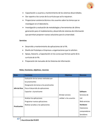     Capacitación a usuarios y mantenimiento de los sistemas desarrollados.
               Dar soporte a los cursos de la curricula que así lo requieran.
               Proporcionar asistencia técnica a los usuarios sobre los temas que se
                investiguen en el laboratorio.
               Investigación y evaluación de metodologías y herramientas de última
                generación para el modelamiento y desarrollo de sistemas de información
                que permitan proponer nuevas soluciones para la universidad.


        Servicios


               Desarrollo y mantenimiento de aplicaciones de la FIA.
               Diseño de Prototipos a Empresas u organizaciones que lo soliciten.
               Apoyo, Asesoría .y Capacitación en los cursos que forman parte de la
                currícula de la FIA.
               Preparación de manuales de los Sistemas de Información



        Roles, funciones, objetivos, recursos

Roles          Funciones                                            Objetivos           Recursos
               Evaluación de las tareas realizadas por
               los practicantes
               Designación de tareas a los practicantes
Jefe de Área   Para el desarrollo de aplicaciones
               Capacitar al practicante                                                 Software
                                                            Brindar servicio            Servicios de
               Analizar las aplicaciones                    calidad a los usuarios      red
               Programar nuevas aplicaciones                                            Web servicies
               Realizar pruebas a las aplicaciones                                      Hardware
Practicantes
                                                                                        Impresoras
                                                                                        computadoras
                                                                                        Servidores

    47    Área de Service Desk FIA-DATA
 