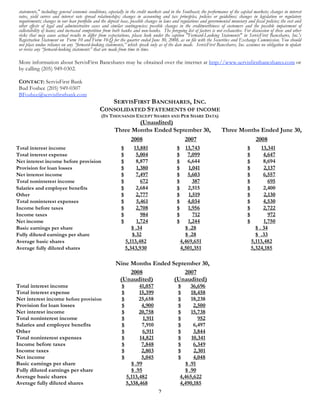 Servis First Q3 2008 Earnings Release