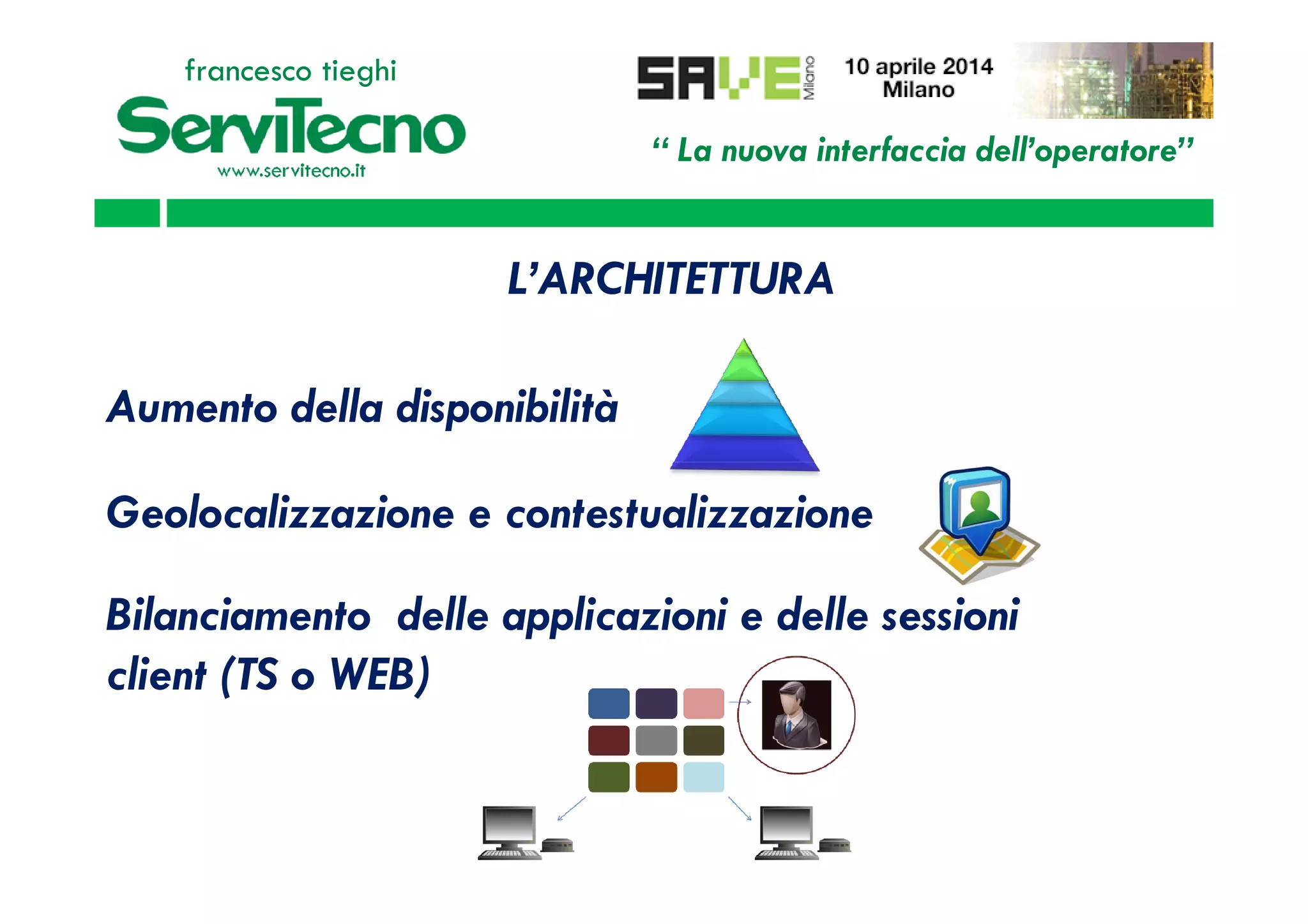 “ La nuova interfaccia dell’operatore”
francesco tieghi
Aumento della disponibilità
L’ARCHITETTURA
Geolocalizzazione e contestualizzazione
Bilanciamento delle applicazioni e delle sessioni
client (TS o WEB)
 