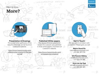 Want to know
More?
Published White-papers
The results of Anna’s graduation
project for Livework are published
in three white-papers. Find them on
Livework’s website:
https://www.liveworkstudio.com/
whitepapers/servitization/
Presentation & Drawings
This presentation and scans of the
beautiful drawings can be found on
Livework’s website:
https://www.liveworkstudio.com/
collections/servitization-is-the-new-
normal/
Get in Touch!
Do you want to sit down with
Livework? Please give us a call
Melvin Brand Flu
melvin@liveworkstudio.com
+31 655 767 278
Erik Roscam Abbing
erik@liveworkstudio.com
+31 624 518 462
Anna van derTogt
anna@liveworkstudio.com
+31 655 968 367
 