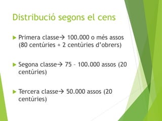 Distribució segons el cens 
 Primera classe 100.000 o més assos 
(80 centúries + 2 centúries d’obrers) 
 Segona classe 75 – 100.000 assos (20 
centúries) 
 Tercera classe 50.000 assos (20 
centúries) 
 