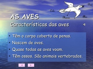 AS AVES Características das aves Têm o corpo coberto de penas. Nascem de ovos. Quase todas as aves voam. Têm ossos. São animais vertebrados. 