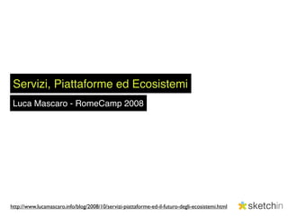 Servizi, Piattaforme ed Ecosistemi
 Luca Mascaro - RomeCamp 2008




http://www.lucamascaro.info/blog/2008/10/servizi-piattaforme-ed-il-futuro-degli-ecosistemi.html
 