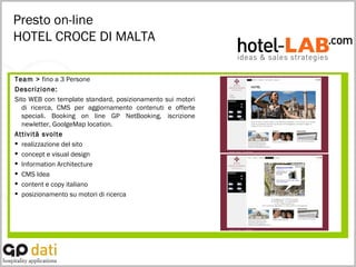 Presto on-line HOTEL CROCE DI MALTA Team >  fino a 3 Persone Descrizione:  Sito WEB con template standard, posizionamento sui motori di ricerca, CMS per aggiornamento contenuti e offerte speciali. Booking on line GP NetBooking, iscrizione newletter, GoolgeMap location. Attività svolte realizzazione del sito concept e visual design  Information Architecture  CMS Idea content e copy italiano posizionamento su motori di ricerca  
