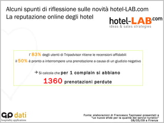 l’  83%  degli utenti di Tripadvisor ritiene le recensioni affidabili  il  50%  è pronto a interrompere una prenotazione a causa di un giudizio negativo  Si calcola che  per 1 complain si abbiano  1360  prenotazioni perdute   Fonte: elaborazioni di Francesco Tapinassi presentati a “Le nuove sfide per la qualità dei servizi turistici” 08/05/09 a Firenze  Alcuni spunti di riflessione sulle novità hotel-LAB.com  La reputazione online degli hotel 