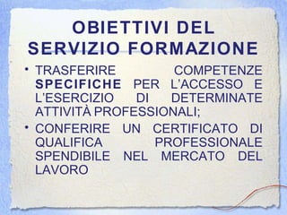 OBIETTIVI DEL SERVIZIO FORMAZIONE TRASFERIRE COMPETENZE  SPECIFICHE  PER L’ACCESSO E L’ESERCIZIO DI DETERMINATE ATTIVITÀ PROFESSIONALI; CONFERIRE UN CERTIFICATO DI QUALIFICA PROFESSIONALE SPENDIBILE NEL MERCATO DEL LAVORO 