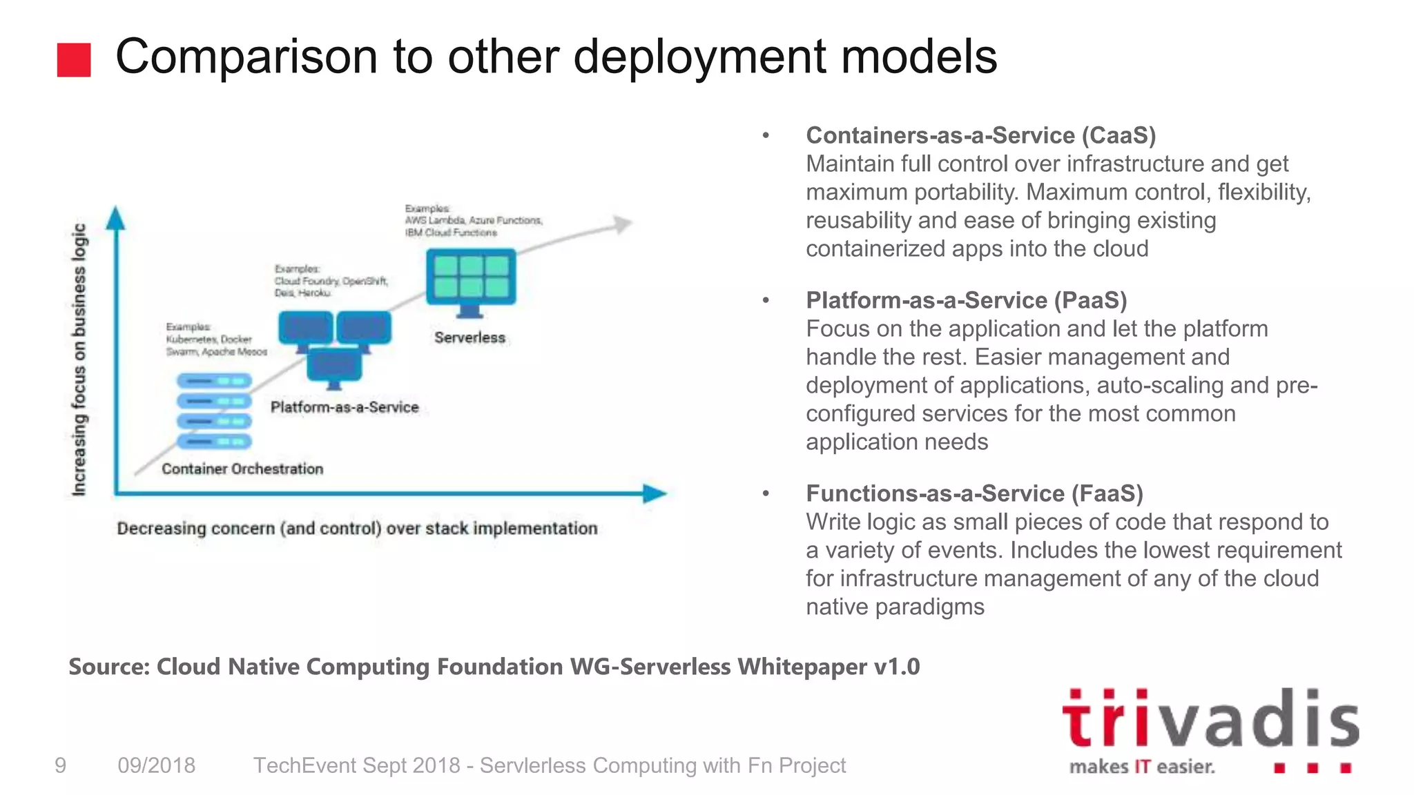 Comparison to other deployment models
TechEvent Sept 2018 - Servlerless Computing with Fn Project9 09/2018
Source: Cloud Native Computing Foundation WG-Serverless Whitepaper v1.0
• Containers-as-a-Service (CaaS)
Maintain full control over infrastructure and get
maximum portability. Maximum control, flexibility,
reusability and ease of bringing existing
containerized apps into the cloud
• Platform-as-a-Service (PaaS)
Focus on the application and let the platform
handle the rest. Easier management and
deployment of applications, auto-scaling and pre-
configured services for the most common
application needs
• Functions-as-a-Service (FaaS)
Write logic as small pieces of code that respond to
a variety of events. Includes the lowest requirement
for infrastructure management of any of the cloud
native paradigms
 
