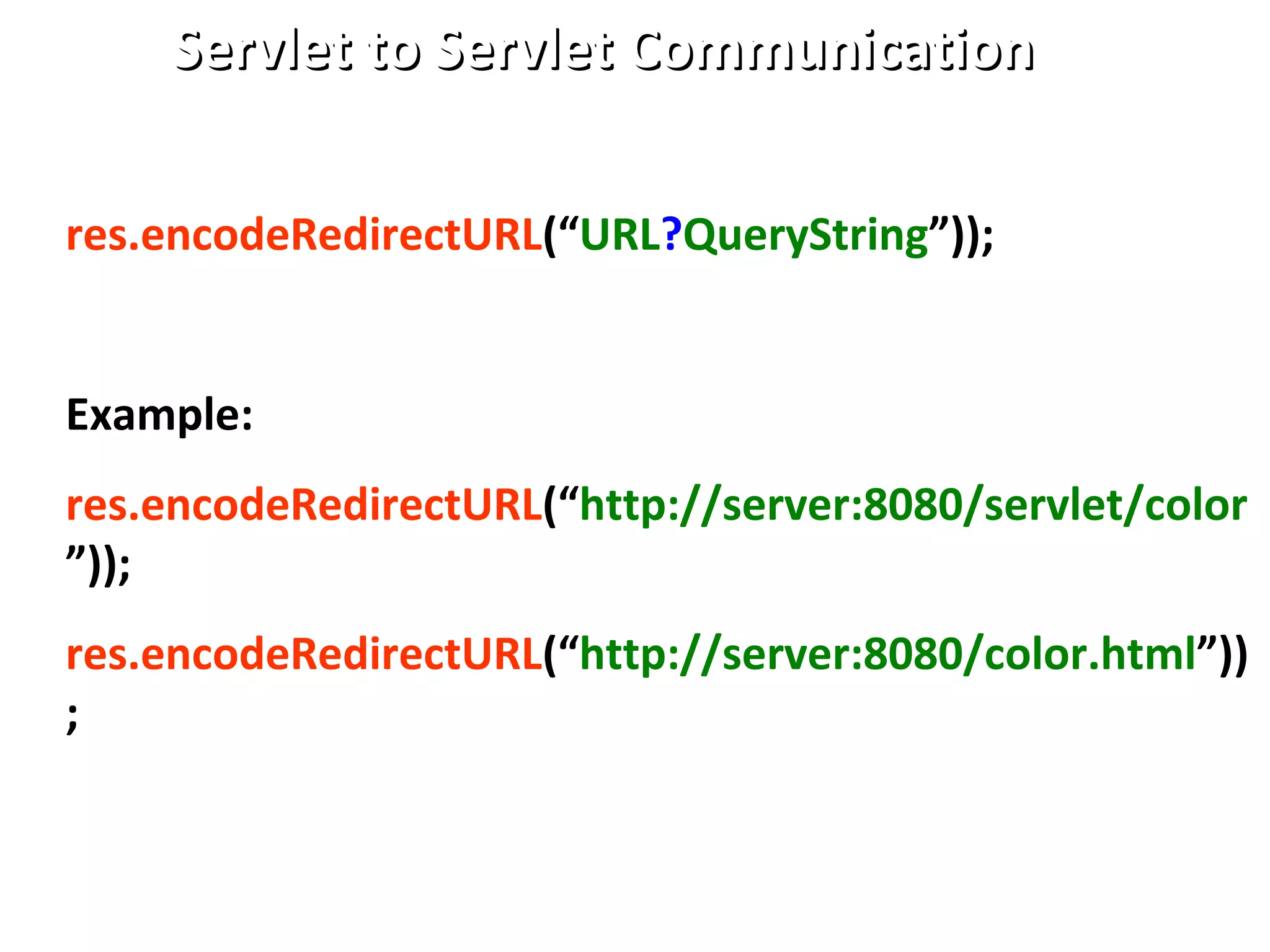 Servlet to Servlet CommunicationServlet to Servlet Communication
res.encodeRedirectURL(“URL?QueryString”));
Example:
res.encodeRedirectURL(“http://server:8080/servlet/color
”));
res.encodeRedirectURL(“http://server:8080/color.html”))
;
 