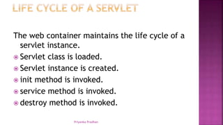The web container maintains the life cycle of a
servlet instance.
 Servlet class is loaded.
 Servlet instance is created.
 init method is invoked.
 service method is invoked.
 destroy method is invoked.
Priyanka Pradhan
 