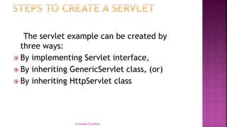 The servlet example can be created by
three ways:
 By implementing Servlet interface,
 By inheriting GenericServlet class, (or)
 By inheriting HttpServlet class
Priyanka Pradhan
 