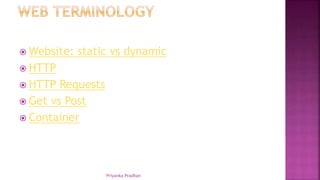  Website: static vs dynamic
 HTTP
 HTTP Requests
 Get vs Post
 Container
Priyanka Pradhan
 