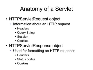 Anatomy of a Servlet
• HTTPServletRequest object
• Information about an HTTP request
• Headers
• Query String
• Session
• Cookies
• HTTPServletResponse object
• Used for formatting an HTTP response
• Headers
• Status codes
• Cookies
 