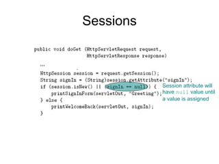 Sessions
,,,
Session attribute will
have null value until
a value is assigned
 