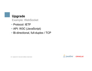 Upgrade
     Example: WebSocket
 •  Protocol: IETF
 •  API: W3C (JavaScript)
 •  Bi-directional, full-duplex / TCP




30   Copyright © 2011, Oracle and/or its affiliates. All rights reserved.
 