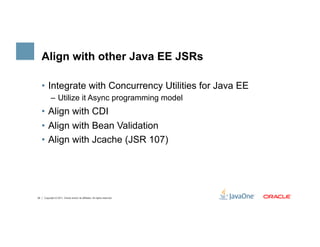 Align with other Java EE JSRs

     •  Integrate with Concurrency Utilities for Java EE
           –  Utilize it Async programming model
     •  Align with CDI
     •  Align with Bean Validation
     •  Align with Jcache (JSR 107)




35   Copyright © 2011, Oracle and/or its affiliates. All rights reserved.
 