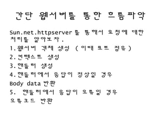 간단 웹서버를 통한 흐름파악
Sun.net.httpserver 를 통해서 요청에 대한
처리를 알아보자 .
1.웹서버 객체 생성 ( 이때 포트 점유 )
2.컨텍스트 생성
3.핸들러 생성
4.핸들러에서 응답이 정상일 경우
Body data 반환
5. 핸들러에서 응답이 오류일 경우
오류코드 반환
 