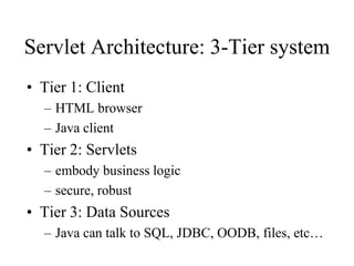 Servlet Architecture: 3-Tier system
• Tier 1: Client
  – HTML browser
  – Java client
• Tier 2: Servlets
  – embody business logic
  – secure, robust
• Tier 3: Data Sources
  – Java can talk to SQL, JDBC, OODB, files, etc…
 