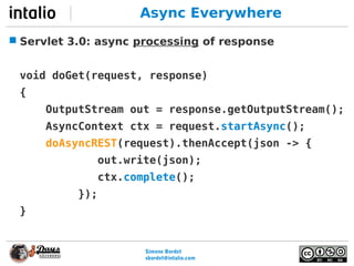 Simone Bordet
sbordet@webtide.com
Async Everywhere
 Servlet 3.0: async processing of response
void doGet(request, respons...