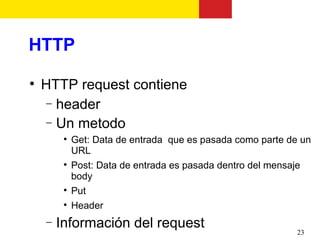 HTTP

    HTTP request contiene
    − header
    − Un metodo
         
             Get: Data de entrada que es pasada como parte de un
             URL
         
             Post: Data de entrada es pasada dentro del mensaje
             body
         
             Put
         
             Header
    −   Información del request
                                                             23
 