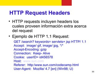 HTTP Request Headers

    HTTP requests incluyen headers los
    cuales proveen información extra acerca
    del request

    Ejemplo de HTTP 1.1 Request:
    GET /search? keywords= servlets+ jsp HTTP/ 1.1
    Accept: image/ gif, image/ jpg, */*
    Accept-Encoding: gzip
    Connection: Keep- Alive
    Cookie: userID= id456578
    Host: www.sun.com
    Referer: http:/www.sun.com/codecamp.html
    User-Agent: Mozilla/ 4.7 [en] (Win98; U)
                                                     84
 