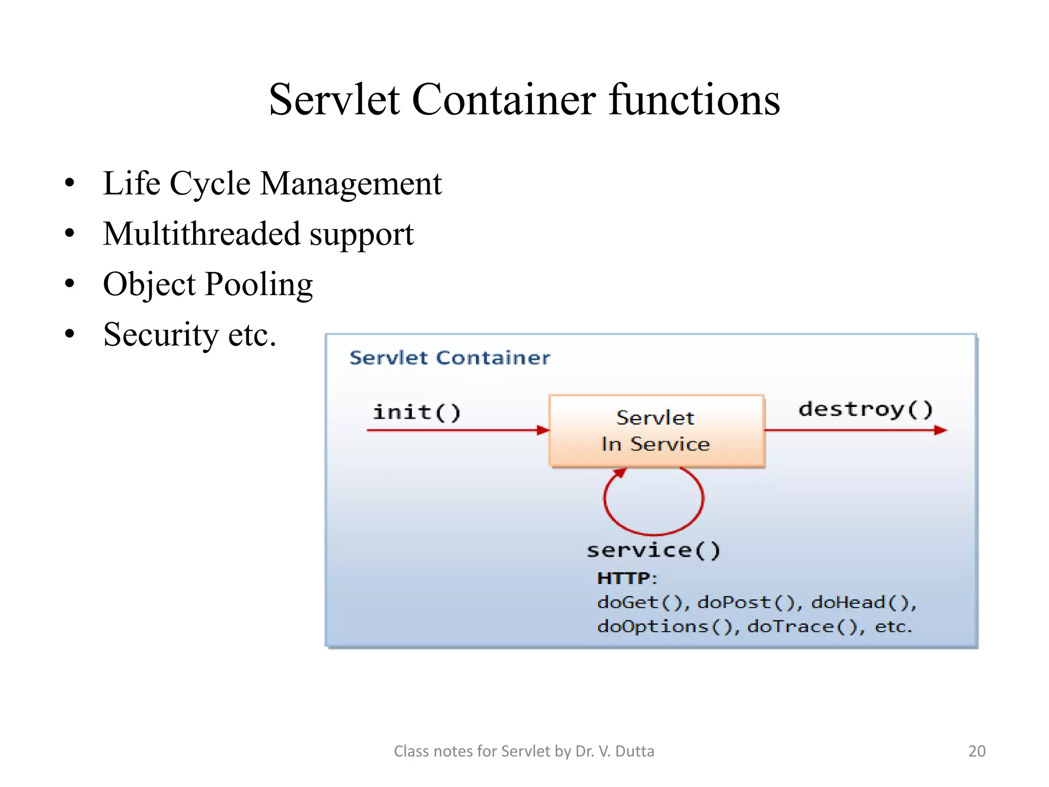 Servlet Container functions • Life Cycle Management • Multithreaded support • Object Pooling • Security etc. Class notes for Servlet by Dr. V. Dutta 20 