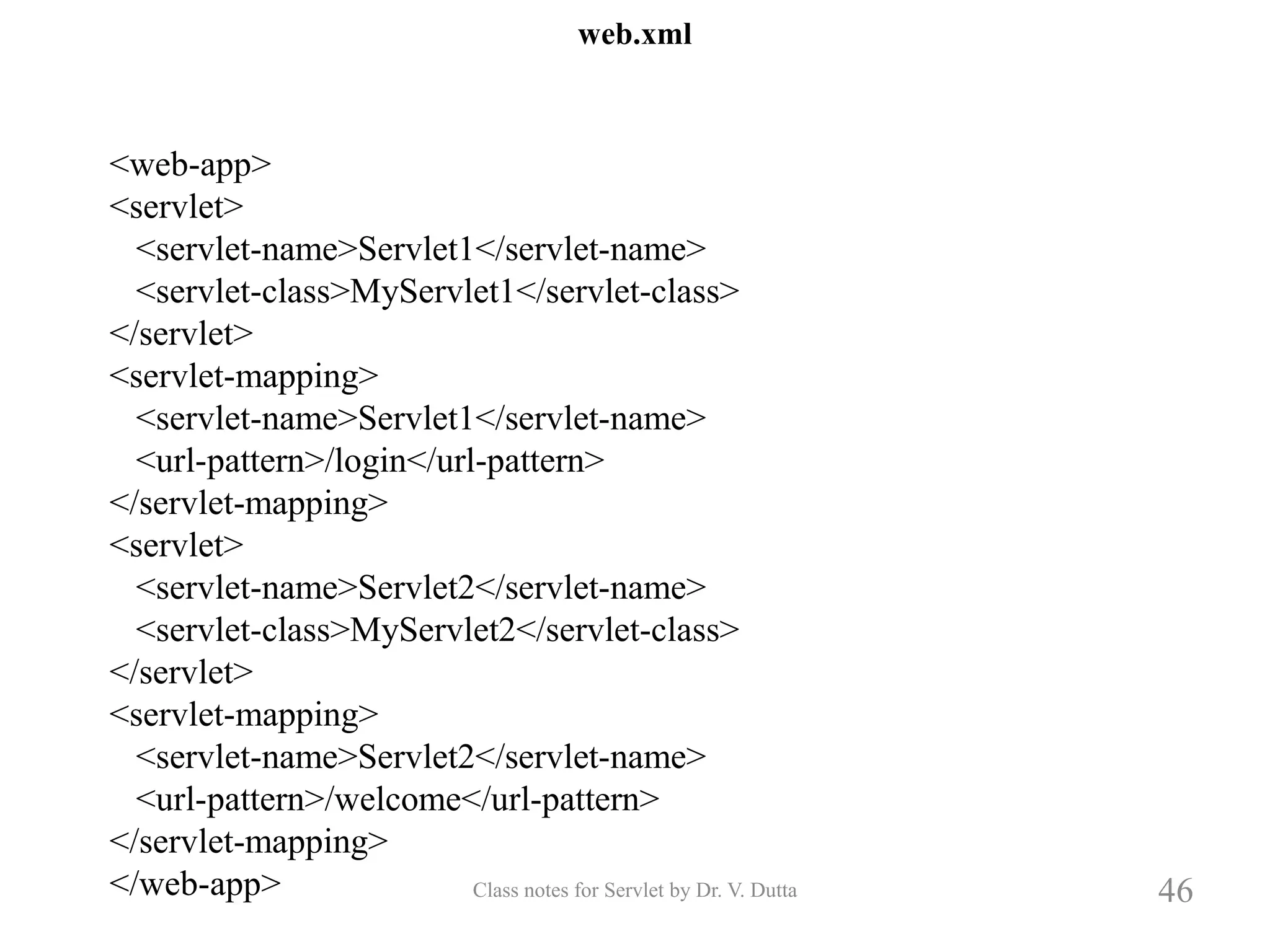 web.xml Class notes for Servlet by Dr. V. Dutta 46 <web-app> <servlet> <servlet-name>Servlet1</servlet-name> <servlet-class>MyServlet1</servlet-class> </servlet> <servlet-mapping> <servlet-name>Servlet1</servlet-name> <url-pattern>/login</url-pattern> </servlet-mapping> <servlet> <servlet-name>Servlet2</servlet-name> <servlet-class>MyServlet2</servlet-class> </servlet> <servlet-mapping> <servlet-name>Servlet2</servlet-name> <url-pattern>/welcome</url-pattern> </servlet-mapping> </web-app> 