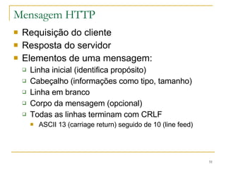 Mensagem HTTP Requisição do cliente Resposta do servidor Elementos de uma mensagem: Linha inicial (identifica propósito) Cabeçalho (informações como tipo, tamanho) Linha em branco Corpo da mensagem (opcional) Todas as linhas terminam com CRLF ASCII 13 (carriage return) seguido de 10 (line feed) 