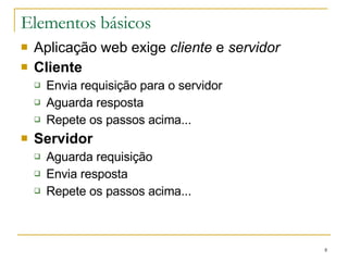 Elementos básicos Aplicação web exige  cliente  e  servidor Cliente Envia requisição para o servidor Aguarda resposta Repete os passos acima... Servidor Aguarda requisição Envia resposta Repete os passos acima... 