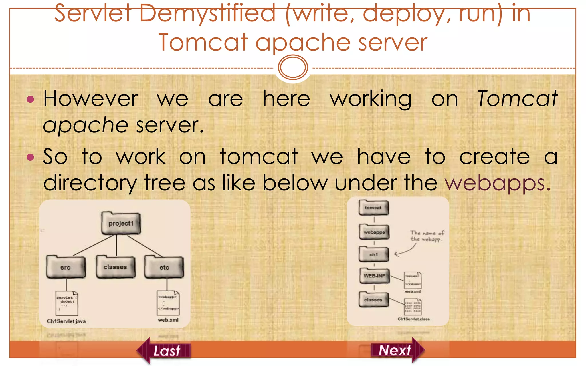 Servlet Demystified (write, deploy, run) in
           Tomcat apache server

 However we are here working on Tomcat
  apache server.
 So to work on tomcat we have to create a
  directory tree as like below under the webapps.
 
