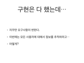 구현은 다 했는데…
• 자꾸만 요구사항이 변한다.
• 이번에는 모든 사용자에 대해서 정보를 추적하라고…
• 어떻게?
 