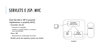 SERVLETS E JSP: MVC
Com Servlet e JSP é possível
implementar o padrão MVC:
 Controller: Servlet
 Interpreta as requisições
 Atualiza os modelos/dados e os recupera
para apresentação
 View: JSP
 Responsável por renderização dos dados
 Model: parte de negócios, acesso aos dados
 