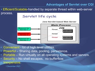 1 December 2021 12
Advantages of Servlet over CGI
• Efficient/Scalable-handled by separate thread within web-server
process.
• Convenient - lot of high level utilities.
• Powerful – Sharing data, pooling, persistence.
• Portable – Run virtually on all operating systems and servers.
• Security – No shell escapes, no bufferflow.
• Inexpensive.
 