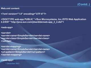 1 December 2021 32
(Contd..)
Web.xml content:
<?xml version="1.0" encoding="UTF-8"?>
<!DOCTYPE web-app PUBLIC "-//Sun Microsystems, Inc.//DTD Web Application
2.2//EN" "http://java.sun.com/j2ee/dtds/web-app_2_2.dtd">
<web-app>
<servlet>
<servlet-name>SimpleServlet</servlet-name>
<servlet-class>SimpleServlet</servlet-class>
</servlet>
<servlet-mapping>
<servlet-name>SimpleServlet</servlet-name>
<url-pattern>/SimpleServlet</url-pattern>
</servlet-mapping>
</web-app>
 